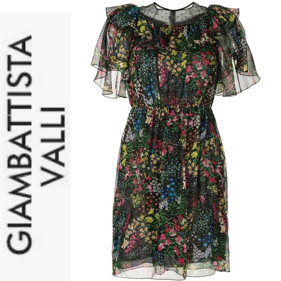 NWT Giambattista Valli Paris Ruffled Floral Print Lace Trim Dress 40 - Picture 1 of 15